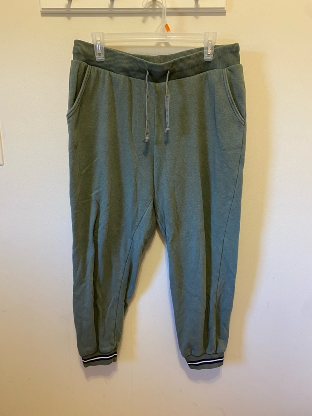 American Eagle sweatpants size large green with navy varsity stripe on cuffs